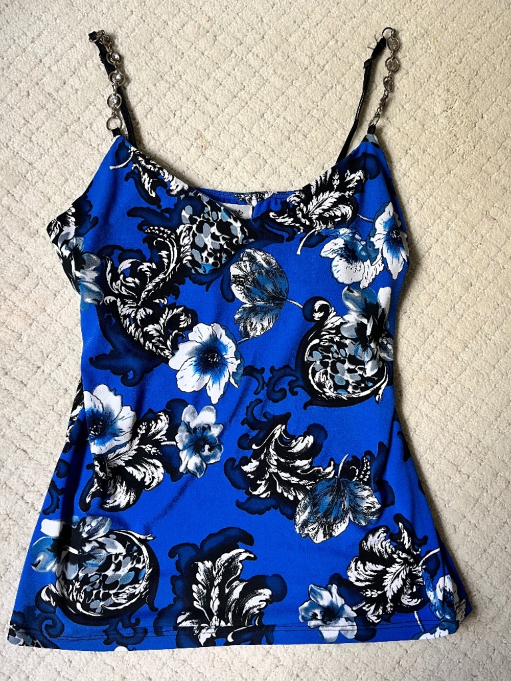 CACHE Y2K Blue Floral Cami Top Chain Strap Baroque Print Going Out Medium